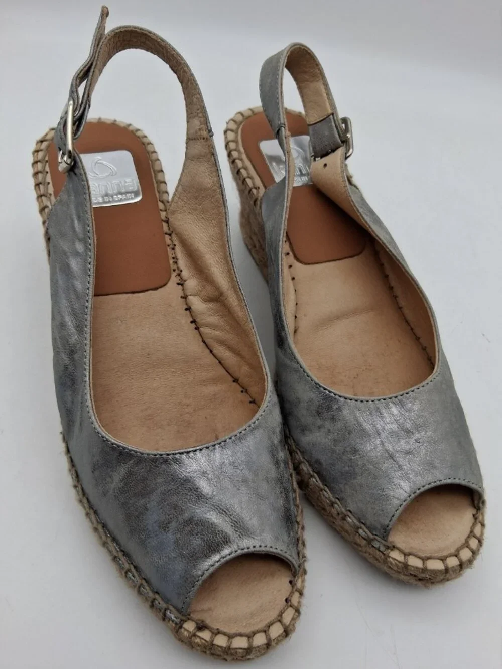 KANNA Espadrille Sandals Wedge Heels Womens 39 US 8.5  Leather Silver